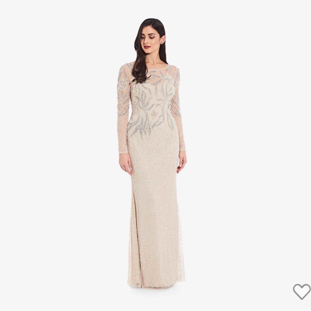FLORAL BEADED DRESS WITH SHEER LONG SLEEVES IN BISCOTTI
